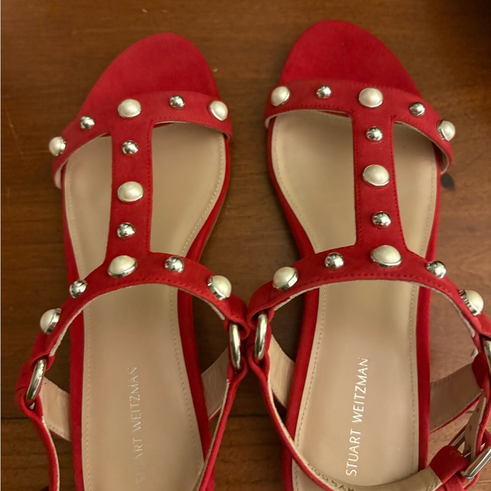 Stuart Weitzman Red Sandals with Silver Accents